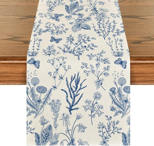 Artoid Mode Blue Wild Flowers Floral Spring Table Runner,Seasonal Summer Kitchen Dining Table Decoration for Home Party Decor 13x72 Inch