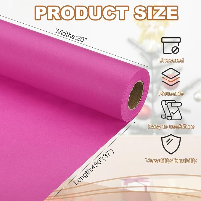 PATIKIL Wrapping Paper, 20" x 450"(37') 70 GSM Craft Paper Roll Kraft Packing Paper for Poster Bulletin Board, Gift Wrapping, Rose Pink