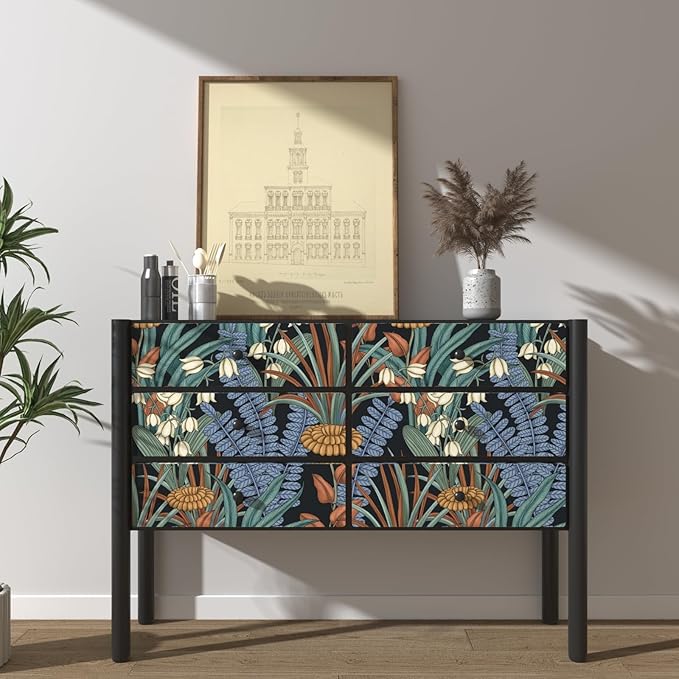 Boho Floral Peel and Stick Wallpaper Vintage Botanical Wallpaper, Self Adhesive Wall Mural 17.5" x 118" Tropical Rainforest Wall Paper for Bedroom Walls Cabinet (Black, Orange, Blue)