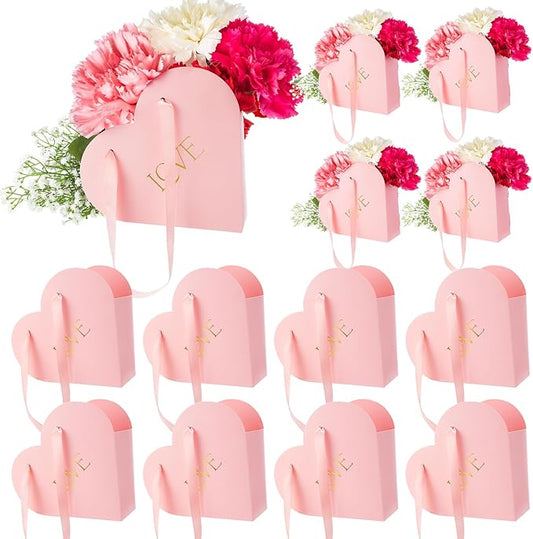 Kolldenn 12 Pcs Heart Shaped Flowers Boxes Christmas Bouquet Storage Bucket Valentine's Day Floral Boxes for Arrangements Paper Floral Bag with Handle Basket Handbag for Florist Bridal Shower(Pink)