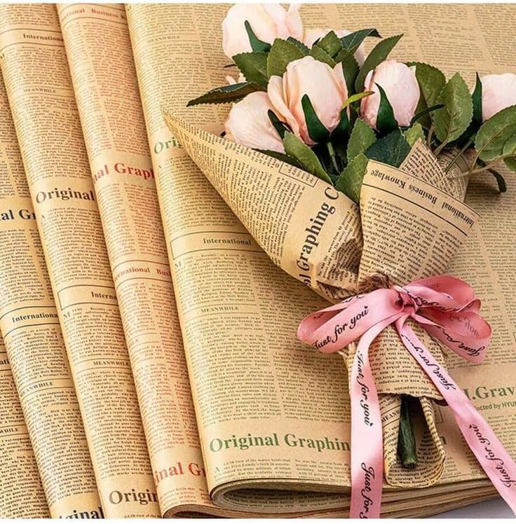 LeZakaa 20 Sheets Kraft Newsprint Flower Wrapping Paper - Reversible Floral Bouquet Paper -Blue Font Kraft Newsprint Design for Valentine's Day, Mother's Day, Parties, Birthdays, Weddings, Baby Shower