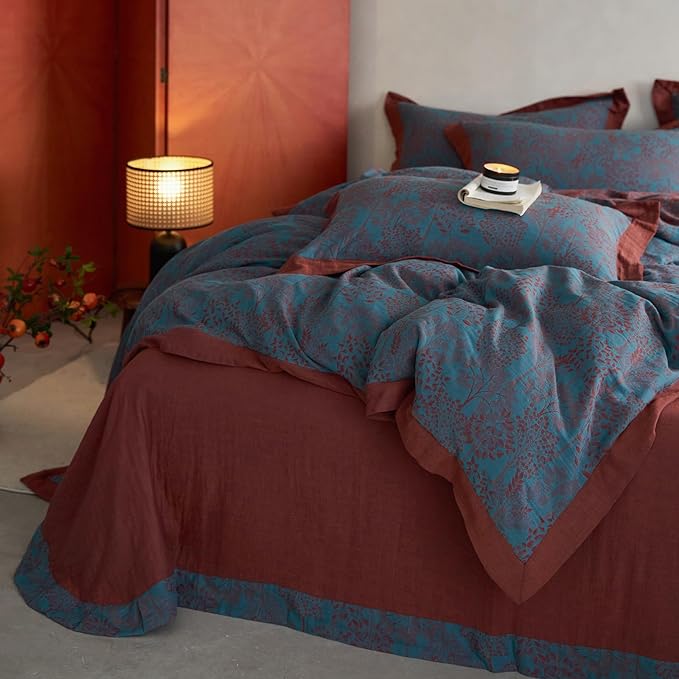 mixinni Muslin Cotton Vintage Blue Floral Duvet Cover Queen Size 3pcs Yarn Dyed Burgundy Jacquard Weave Bedding Comforter Cover Soft Breathable Bedding Sets for All Season-Queen Size