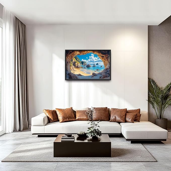 Beach Large Wall Art Rocky Cave Pictures Wall Decor Coastal Canvas Seascape Print Painting Modern Artwork Home Decoration for Living Room Bathroom Bedroom Office Framed 36"x24"
