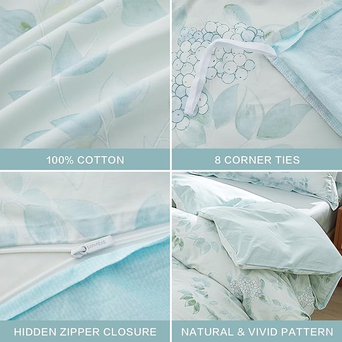 SAPHREAS Agua Blue Botanical Duvet Cover Twin 2pcs Leaves Bedding Comforter Cover Set 100% Cotton Soft 1 Duvet Cover 1 Pillow Sham, Comforter Not Included