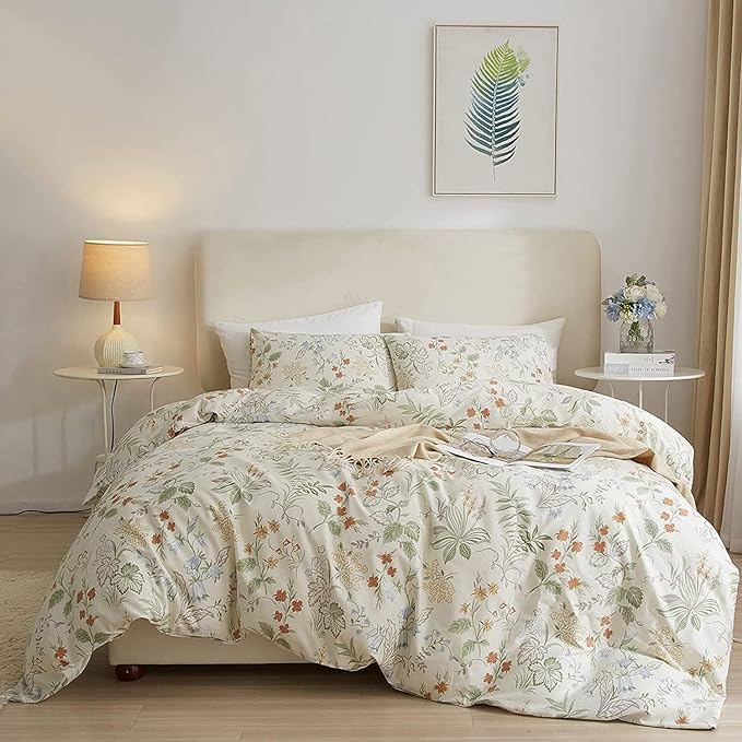 LifeTB Chic Floral Duvet Cover Twin XL Cotton Botanical Bedding Sets Vintage Style Aesthetic Comforter Garden Flower Branches Pattern with Zipper Closure 4 Ties