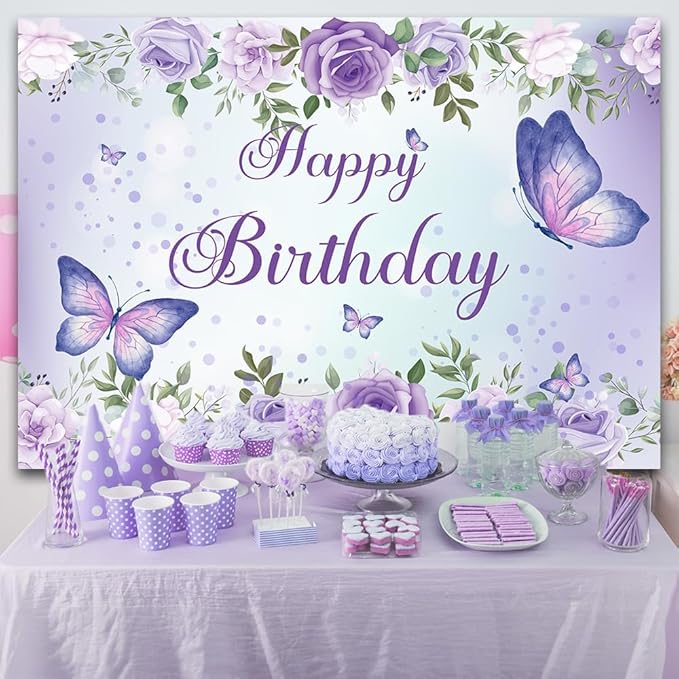 Purple Butterfly Birthday Banner Backdrop for Women Girl (59x36 inch) Purple Happy Birthday Decorations Banner for Women Rose Flowers Butterfly Backdrop Decortions for Girl
