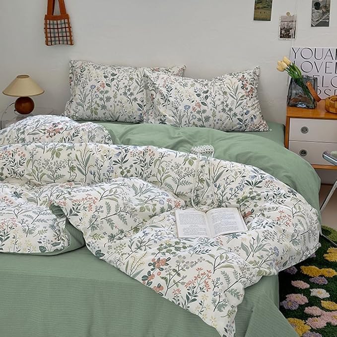 EAVD Vintage Style Garden Floral Duvet Cover Twin Girls Soft Cotton Chic Shabby Colorful Leaves Floral Bedding Set with 2 Pillowcases Fresh Botanical Duvet Cover with Zipper Closure