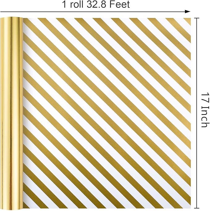Merture Reversible Gold Wrapping Paper Roll - 17 In X 32.8 Ft(46.5 sq.ft.) Metallic Gold and Stripe Design Gift Wrap for Christmas, Wedding, Birthday, Valentines Day, Mothers Day, Baby Shower