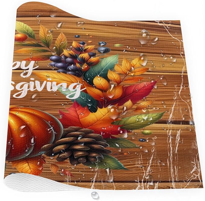 Thanksgiving Pumpkin Holiday Rainbow Placemats Set of 6 PVC Vinyl Non Slip Table Mats Heat Resistant Place Mats Washable Wipeable Dining Table Mat for Kitchen Party Indoor Outdoor Decorative Gift