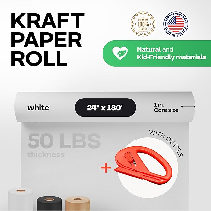 White Kraft Paper Roll 24" x 2160" (180 feet) with Cutter - USA-Made Quality Paper 50lb Thickness for Wrapping, Packing, Moving, Shipping, & Crafts/Arts - Natural Kraft Material by IDL Packaging