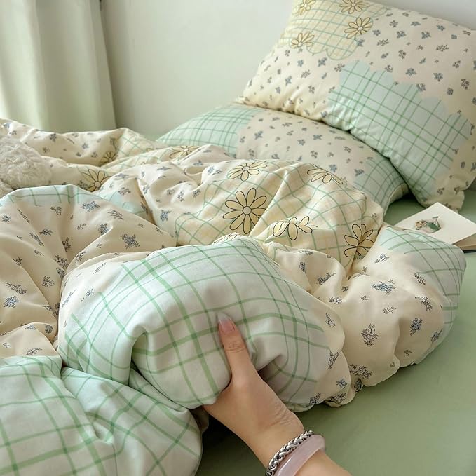 LifeTB Muslin Duvet Cover Queen Size 100% Cotton Botanical Floral Comforter Cover Aesthetic Flower Chic Plaid Desgin Cottagecore Bedding Set Breathable Soft Gauze Duvet Cover with 2 Pillowcases