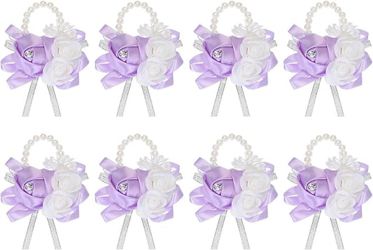 MECCANIXITY 8Pcs Wrist Corsage Artificial Flower Bracelets Rose Wrist Bride Groom Decorative for Wedding Ceremony Prom Party Anniversary Light Purple
