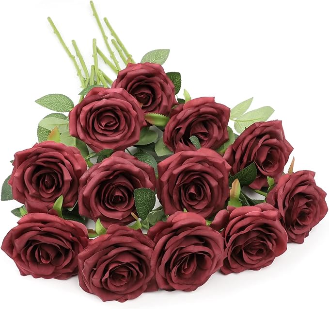 Artificial Rose Flower Burgundy Rose Flower Silk Flowers 12 pcs with Long Stem Silk Roses Bouquet for Wedding Bridal Shower Party Home Decoration