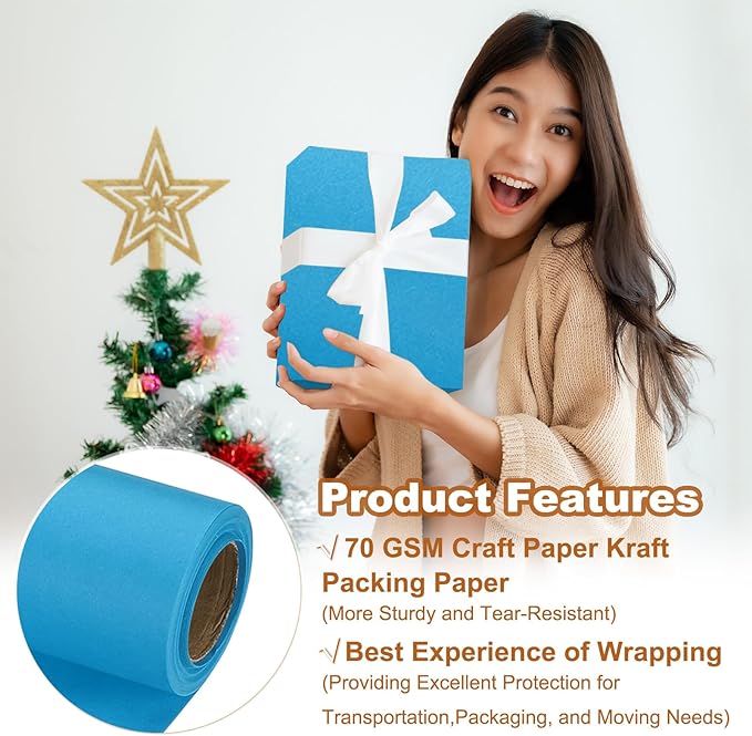 PATIKIL Wrapping Paper, 17" x 300"(25') 70 GSM Craft Paper Roll Kraft Packing Paper for Poster Bulletin Board, Gift Wrapping, Light Blue