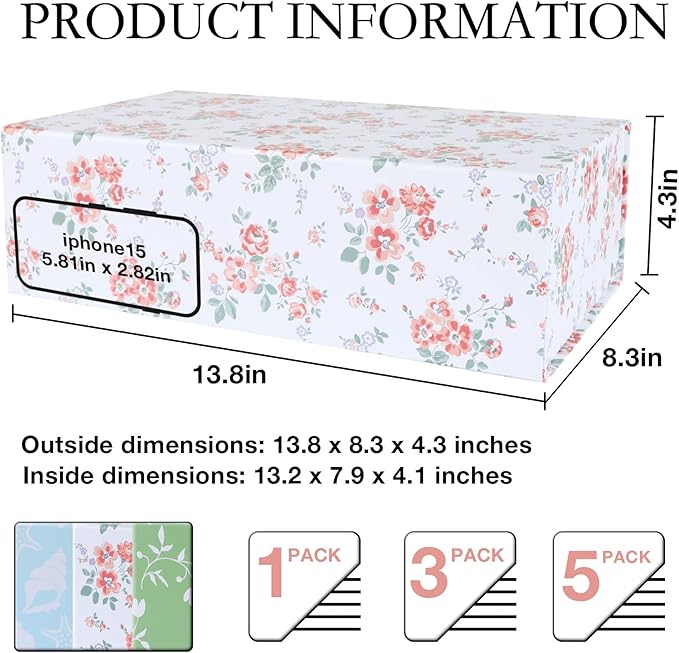 Floral Gift Box with Magnetic Lids 13.8x8.3x4.4 in, Large Bridesmaid Proposal Boxes, Rectangle Wedding Decorative Storage Box 1 Pack