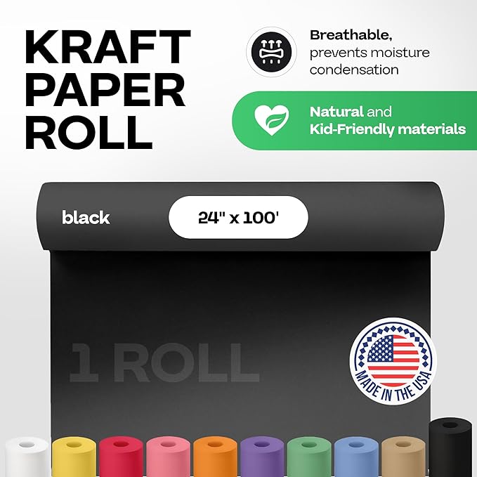 Black Paper Roll 24" x 1200" (100 feet) - USA-Made 50lb Thick Kraft Paper for Packing, Moving, Shipping, Wrapping, Crafts, Arts, Birthday Party - 100% Recycled Gift Wrap Material by IDL Packaging