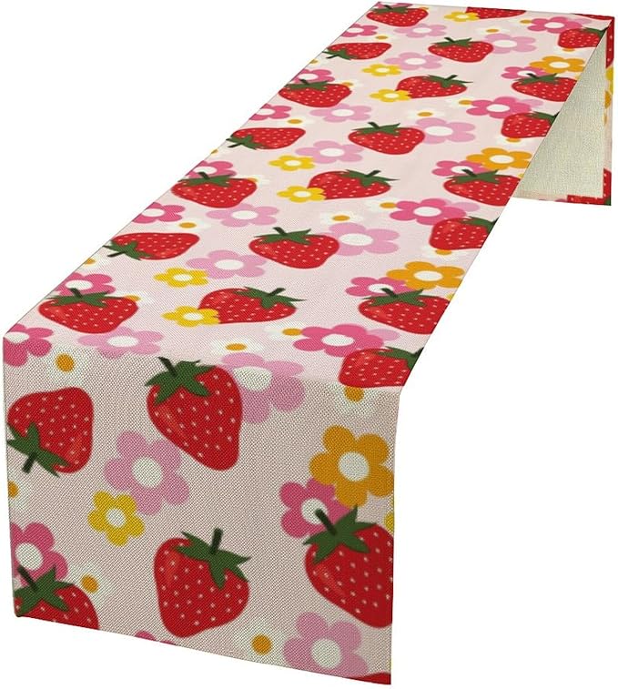 Strawberry Table Runner, Spring Summer Fruit Birthday Party Decoration Dining Room Home Kitchen Table Decor 13 x 108Inches