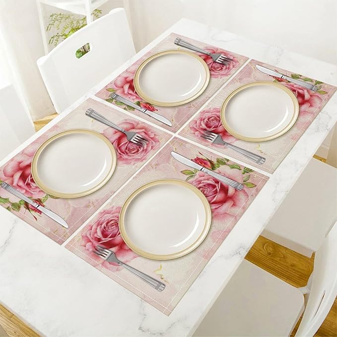 Pink Flower Placemats Set of 6, 17x12 Inch Romantic Watercolor Floral Rose Print Table Mats for Home Party Kitchen Dining Decor
