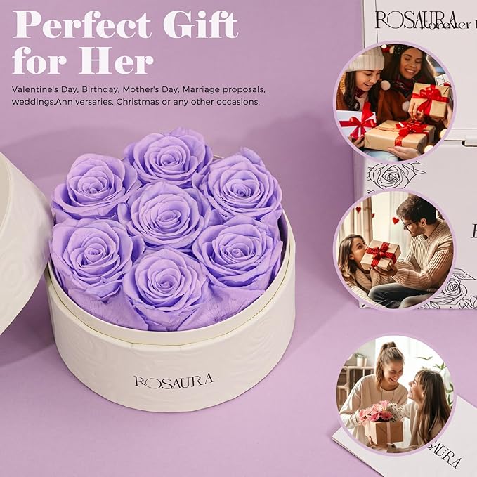 Rosaura Round Preserved Roses Gift Box - Real Forever Flowers for Birthday, Valentine's & Mother's Day (Light Purple, 7 Roses)