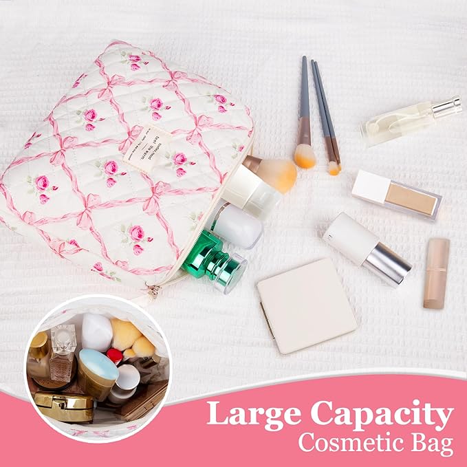 Floral Makeup Bag, Small Cosmetic Bag for Women Girls, Cute Cotton Makeup Bag, Quilted Makeup Bags, Flower Travel Toiletry Organizer Bag(Pink bow ties)