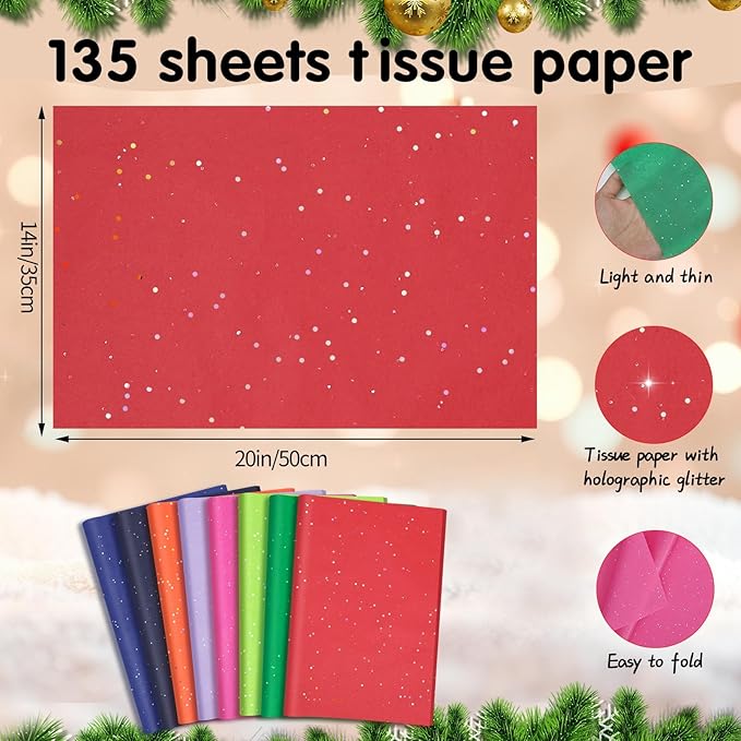 woric 135 Sheets Glitter Tissue Paper for Gift Bags 20 x 14 Inch Colored Tissue Paper Bulk for Art DIY Crafts Gift Wrapping Christmas Wedding Birthday Holiday Decor