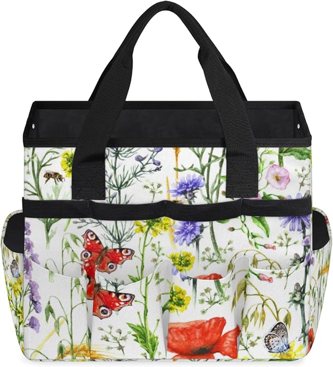Garden Tool Tote Bag for Women Men Flower Butterfly Bee Gardening Tool Storage Bags with 10 Pockets Standable Garden Home Tool Kits Organizer for Indoor Outdoor Gardening Gifts
