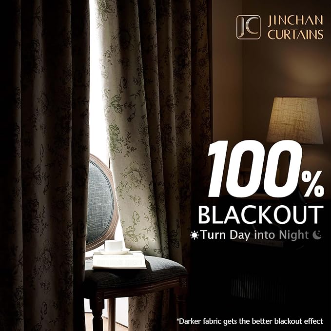 jinachan Blackout Curtains Linen Blend Floral Curtain for Living Room 63 Inch Length Christmas Sage Green Flower Printed with Lined Blackout Drapes for Bedroom Farmhouse Curtains Set 2 Panels