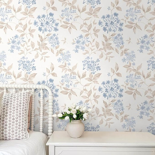 Heroad 17.3''x32.8ft Boho Floral Wallpaper Blue/Beige Peel and Stick Wallpaper Neutral Leaf Contact Paper Removable Self Adhesive Wall Paper for Cabinet Bedroom Bathroom Waterproof Decor Vinyl Roll
