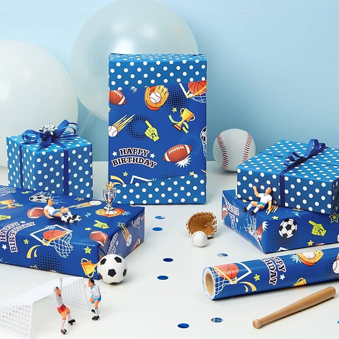 WERNNSAI Sport Ball Wrapping Paper Roll - 1 Roll 17” x 16.4 ft Happy Birthday Wrapping Paper for Kids Boys Blue Sports Gift Wrap with Football Basketball Design for Birthday Baby Shower Party Favor