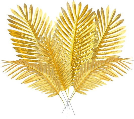 CCINEE 12 PCS Golden Artificial Palm Leaves, Assorted Sizes Faux Large Palm Fronds Fake Tropical Plant Simulation Safari Leaves with Stems for Home Hawaiian Luau Party Jungle Beach Theme Party