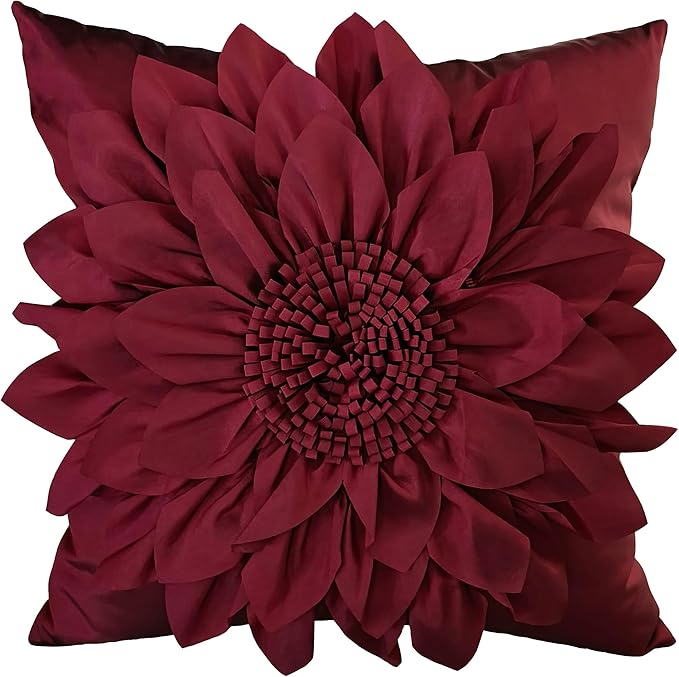 Bella's Giftshop 3D Sunflower Decorative Throw Pillow Covers for Bed Sofa Couch Car, Accent Floral Taffeta Cushion Cover, Handmade Pillow Cases Living Room Decor, 17x17 Inch-Burgundy