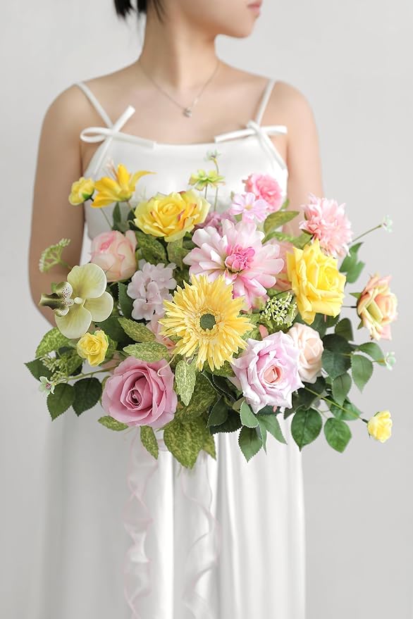 Yellow Pink Artificial Flowers Combo Set Fake Flower Leaf Box with Stemst for DIY Wedding Bridal Bouquet, Centerpieces, Home Decor, Floral Arrangement Decor
