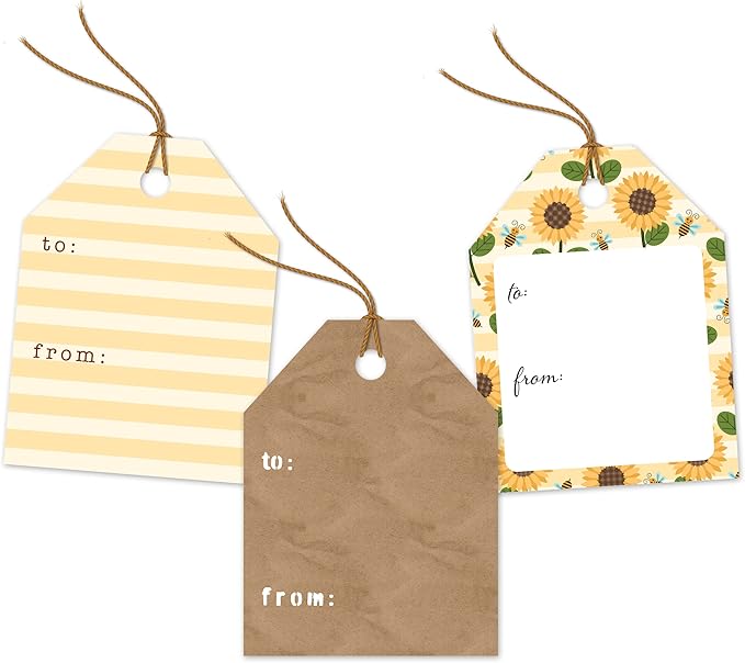 Pro Supply Global Strung Sunflowers Theme Gift Tags - 2.5x3 Inch 24 Pack - 3 Design Styles Assorted Cardstock Prints Pre-Strung Hanging Labels Suitable for Wrapping Favors DIY Presents Packaging Bags.