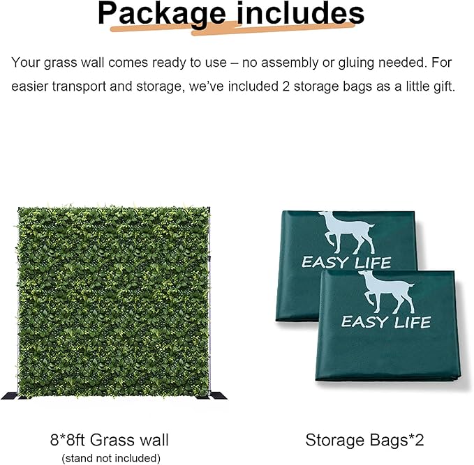Artificial Flower Wall 8x8ft Green Grass Backdrop for Wedding, Baby Shower, Birthday & Home Decor, Easy & Quick Assembly (Greenery)