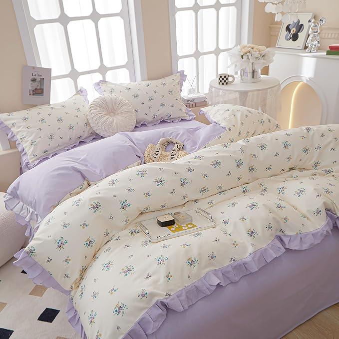 Lace Floral Duvet Cover Twin Cotton Purple Flower 3 Pieces Girls Comforter Cover Garden Style Princess Bedding Set Boho Botanical With Zipper Closure
