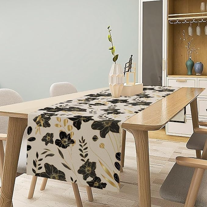 Black Gold Floral Table Runner, Mordern Minimalist Luxury Golden Floral Leaves Print Table Runner for Indoor Outdoor Home Decor Party Decor, 13x36inch