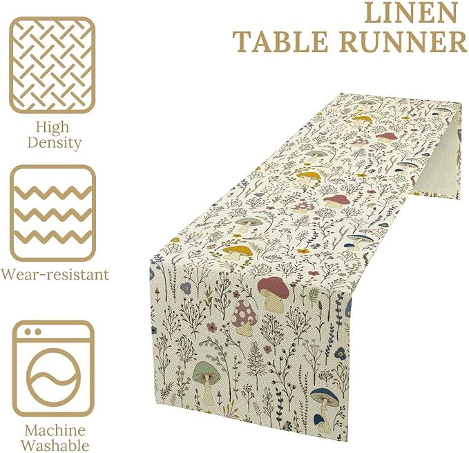 Mushroom Table Runner, Boho Floral Rustic Wildflower Herbs Plants Colorful Botanical Green Leaves Table Runner for Home Party Indoor Outdoor Decor Kitchen Dining Table, 13x90inch