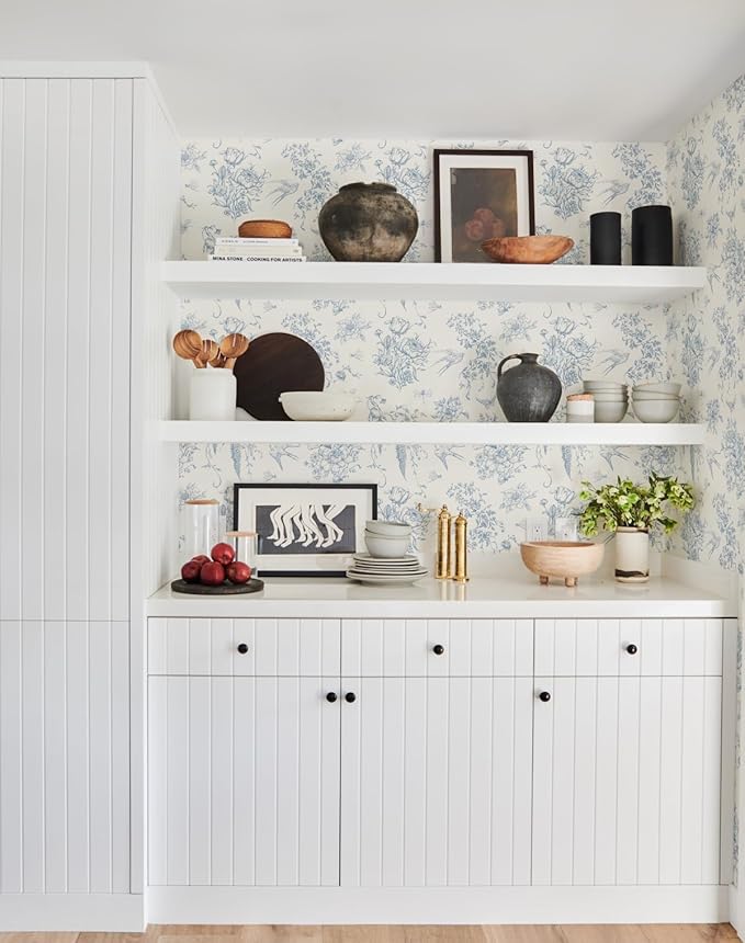 Cream White and Blue Peel and Stick Wallpaper Vintage Floral Contact Paper 16.9"x 196.8" Blue Floral Wallpaper Peel and Stick Birds Self Adhesive Removable Wall Paper for Bedroom Bathroom