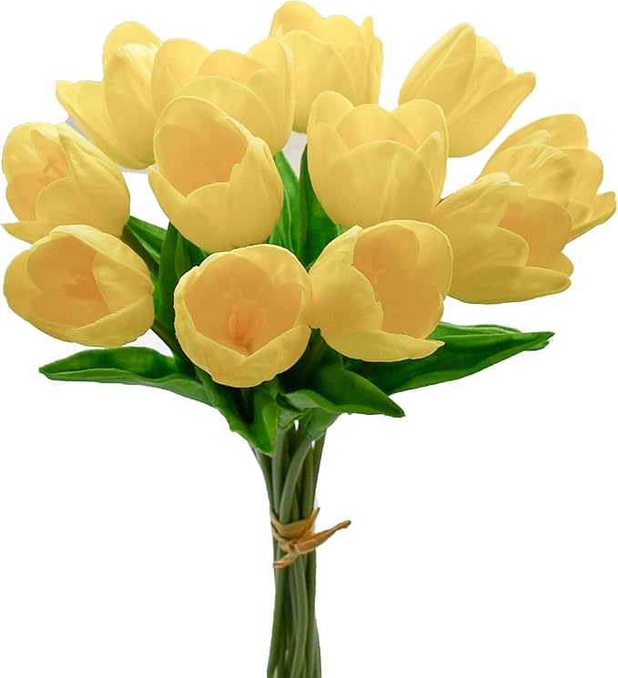 Mandy's Artificial Tulips 12 Stems Yellow Partially Open PU Faux Flowers for Thanksgiving and Christmas Decorations Wedding Home Decor 13.5 Inch