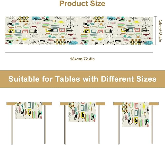 Colorful Geometric Table Runner,Vintage Mid Century Cute Cat Abstract Morden Print Tablecloth Burlap for Hotel Indoors Outdoor Dining Room Kitchen Home Decor, 13x90in