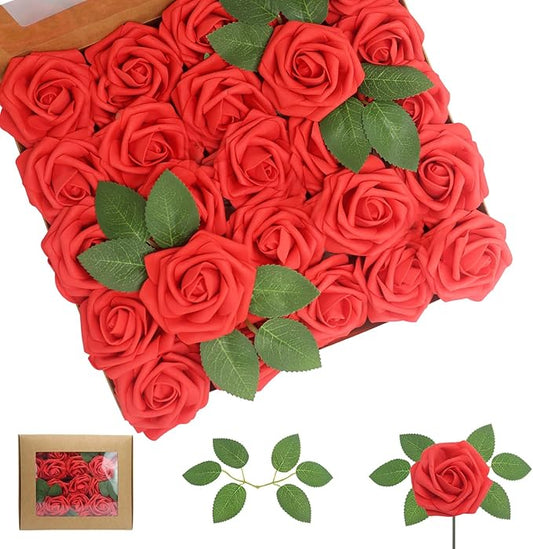 Artificial Flowers Red Roses Real Looking Foam Fake Roses 50PCS with Leaves and for DIY Wedding Bouquets Bridal Shower Centerpieces Party Decorations (Red)