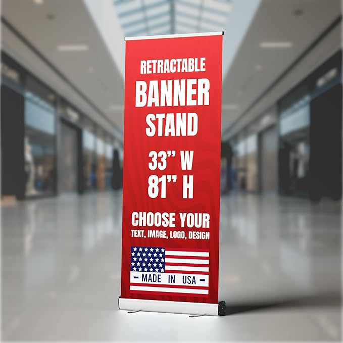 Custom Retractable Banner with Stand (33”x81”) by BCB Print | Personalized Roll-Up Banner for Advertising & Trade Shows | HD Printed Vertical Pull Up | Express Dispatch & Ship | Made in USA