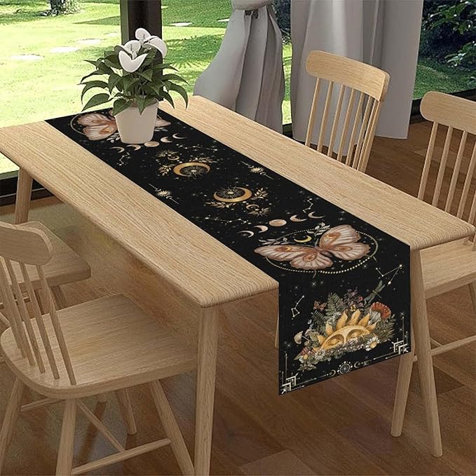 Gothic Moth Table Runner, Boho Gothic Sun Moon Phase Wildflower Mystical Witchy Farmhouse Coffee Table Center Decor for Home Kitchen Dining Patio Holiday Party Table Decorations 13x108 inches