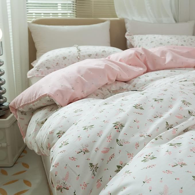 Floral Girls Duvet Cover Full Size 100% Cotton Pink Floral Duvet Cover Chic Garden Style Botanical Flower Bedding Set Lightweight Soft Aesthetic Floral Comforter Cover with 2 Pillowcases, No Comforter