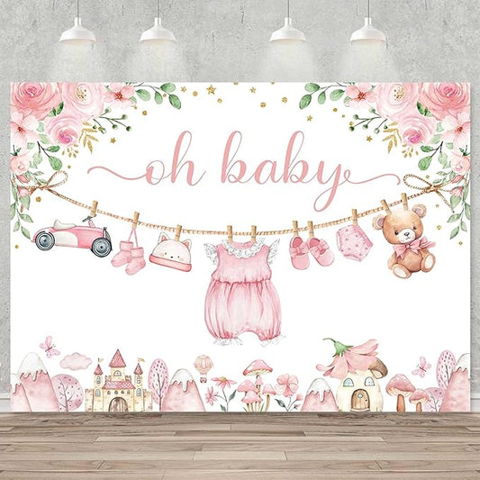 Sensfun Cute Clothes Baby Shower Backdrop Oh Baby Girl Pink Floral Adventure Photography Background It's A Girl Baby Shower Party Decorations Banner Supplies Photo Booth Props 7x5ft