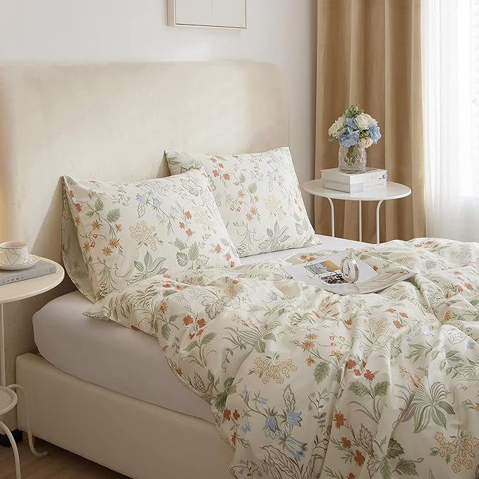 EAVD Vintage Floral Duvet Cover Queen Size White Soft 100% Cotton 3-Piece Chic Coquette Bedding Set with 2 Pillowcases Garden Botanical Floral Comforter Cover with Zipper Closure