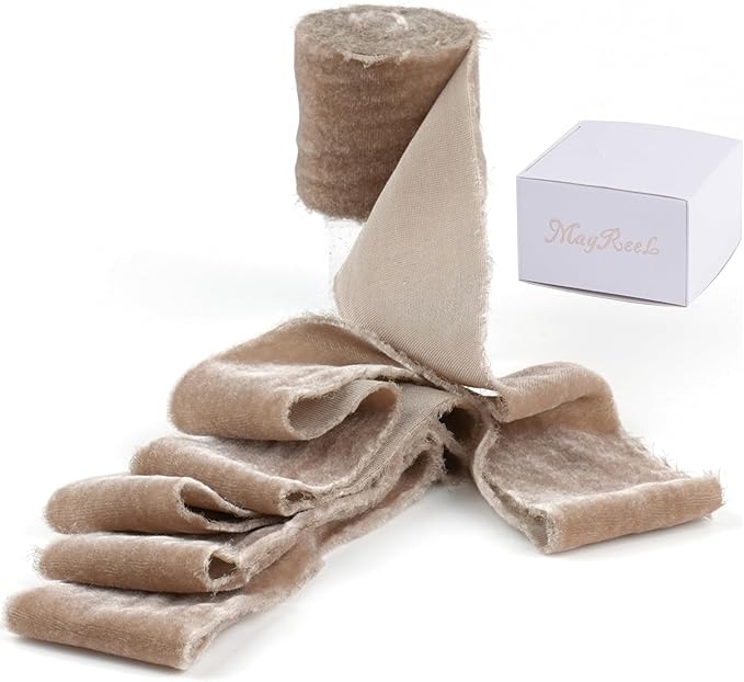 MAYREEL 2 Inch Camel Velvet Ribbon Hand Torn Tawny Silk Frayed Edge for Bridal Bouquets Invitations Wedding Vow Books Gift Baskets Hair Bows 3 Yards