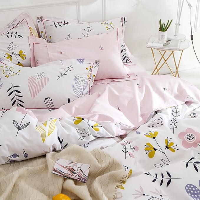 Girls Boho White Pink Floral Duvet Cover Queen Bedding Sets Cotton Comforter Cover Chic Flower Branches Bedding Sets with 2 Pillowcases