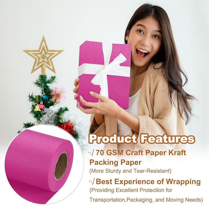 PATIKIL Wrapping Paper, 17" x 450"(37') 70 GSM Craft Paper Roll Kraft Packing Paper for Poster Bulletin Board, Gift Wrapping, Rose Pink