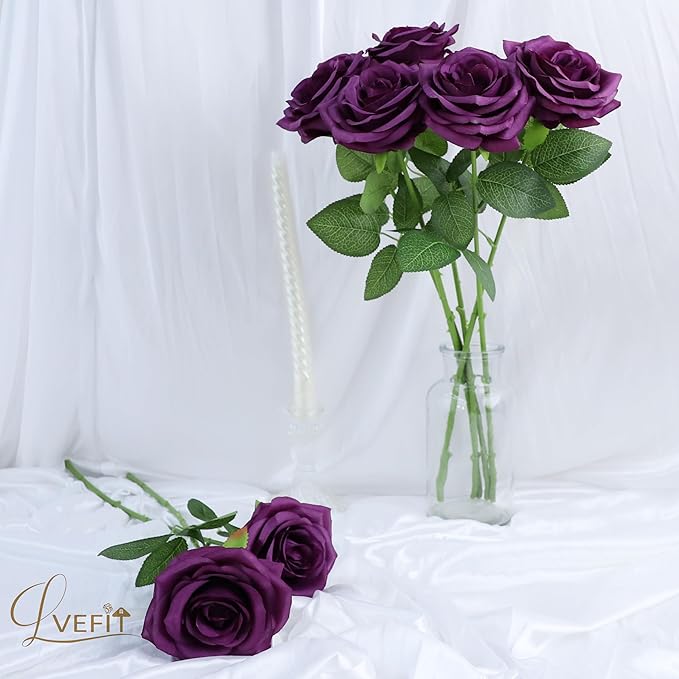 Artificial Rose Flower Plum Flowers Silk Flowers 12 pcs with Long Stem Silk Roses Bouquet for Wedding Bridal Shower Party Home Decoration